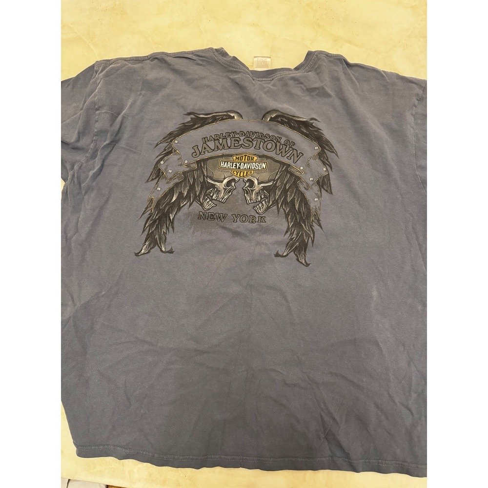 Harley Davidson Jamestown NY Skull Graphic T-Shirt Blue Gray Mens 4XL USA Made